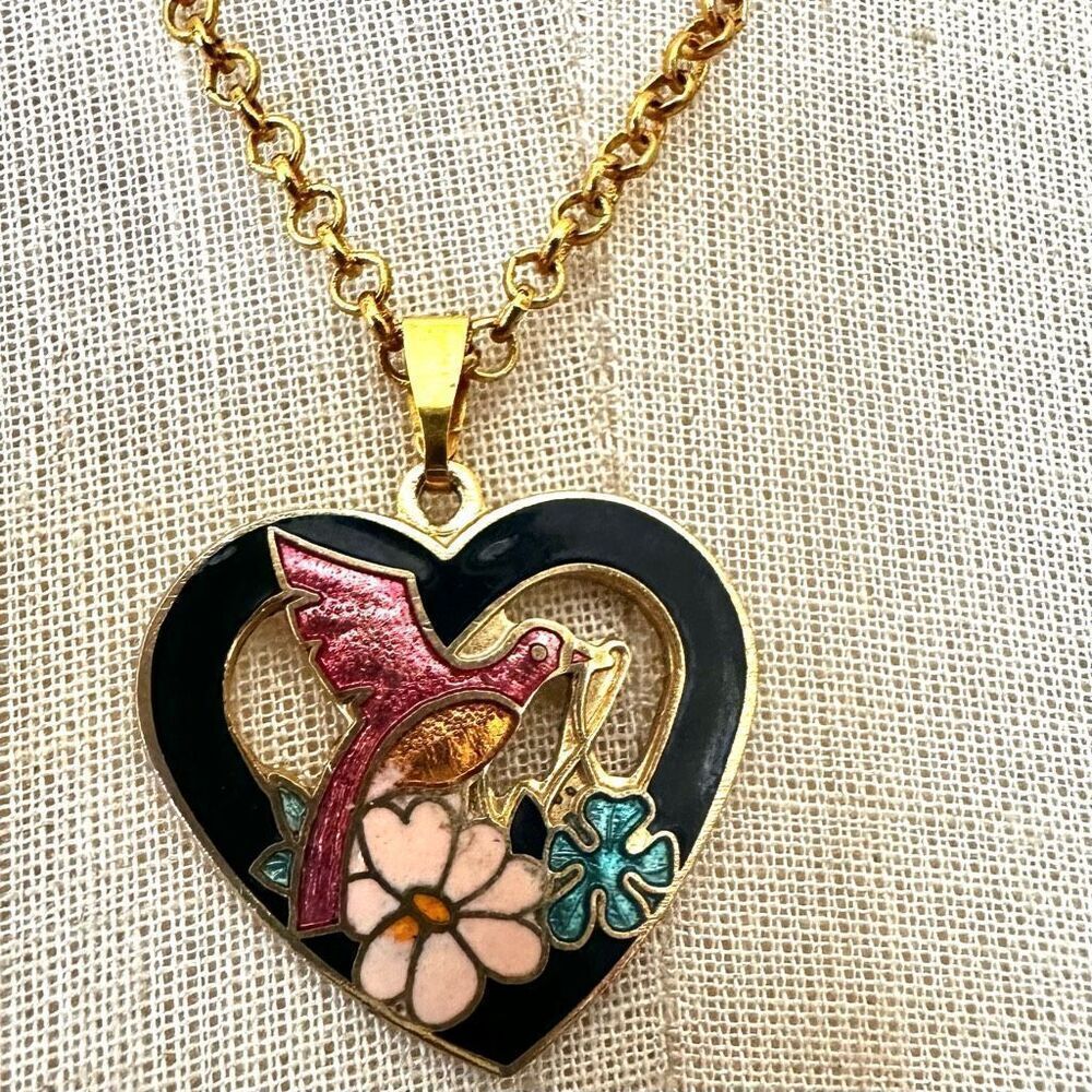 Vintage Cloisonné Colorful Heart Bird Pendant Necklace
